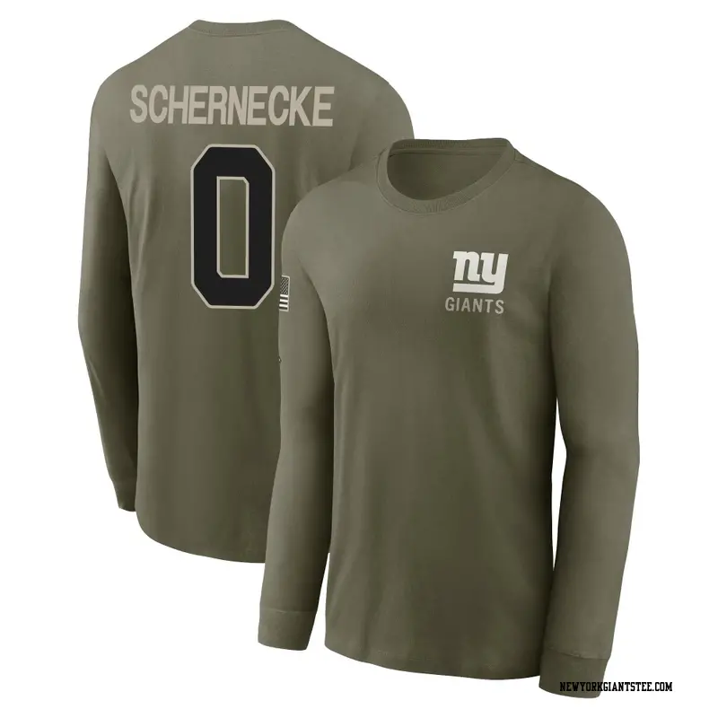 Men's New York Giants ＃0 Ryan Schernecke Olive 2025 Salute to Service Sideline Long Sleeve T-Shirt