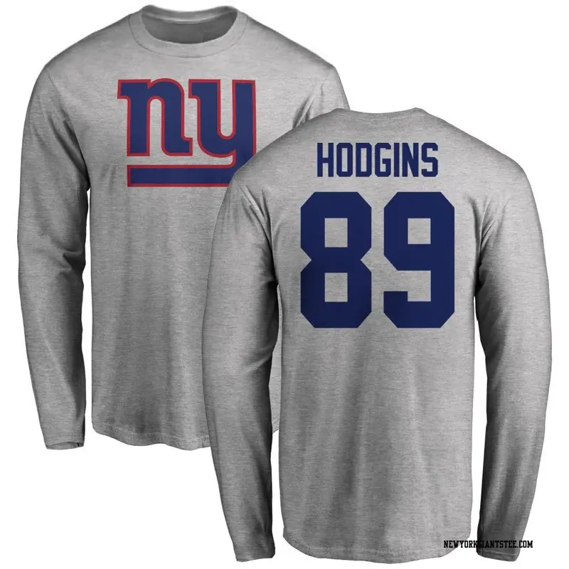 Men's New York Giants ＃89 Isaiah Hodgins Ash Name & Number Logo Long Sleeve T-Shirt