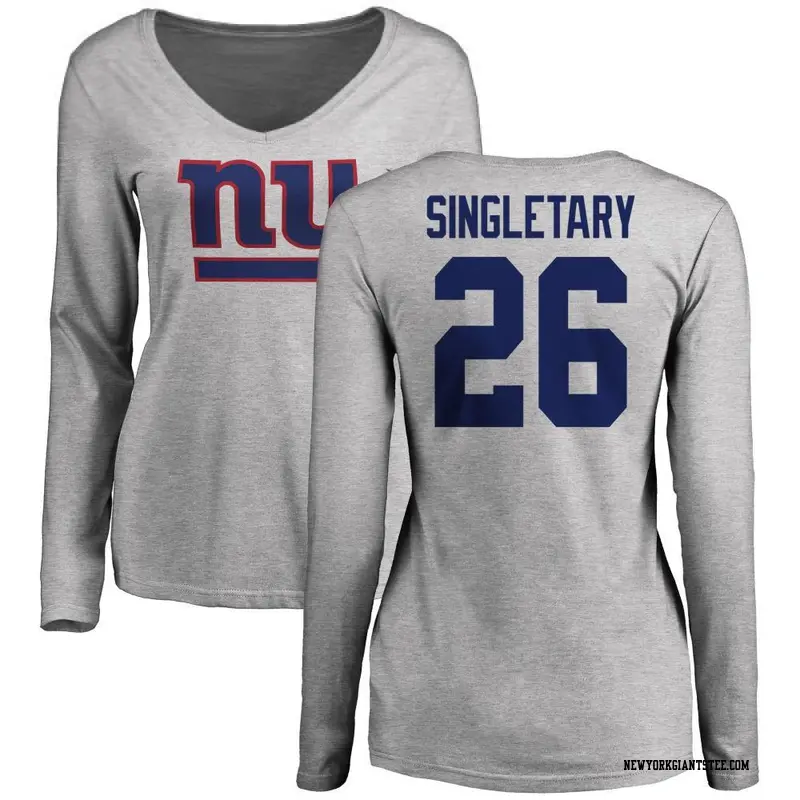 Women's New York Giants ＃26 Devin Singletary Ash Name & Number Logo Slim Fit Long Sleeve T-Shirt