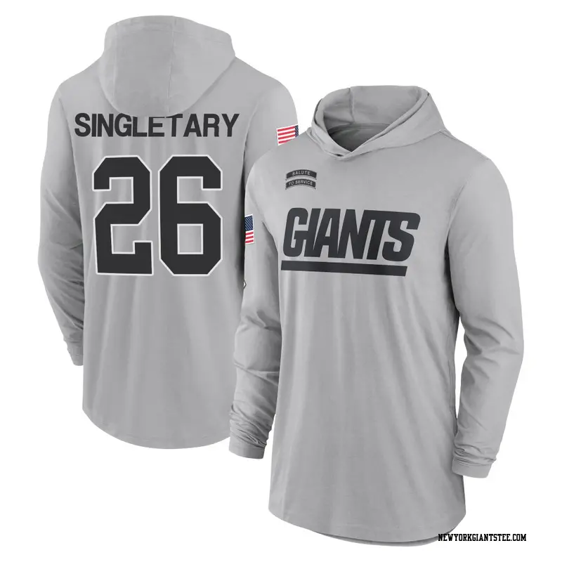 Youth New York Giants ＃26 Devin Singletary Gray 2024 Salute to Service Lightweight Performance Long Sleeve Hooded T-Shirt